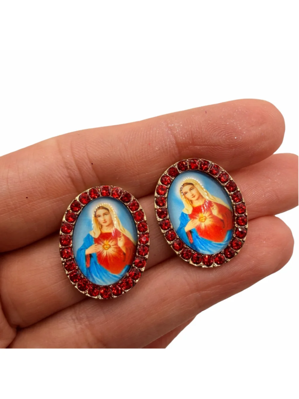Sacred Heart of Mary Red Rhinestone 1” Oval Stud Earrings Gold Tone Catholic